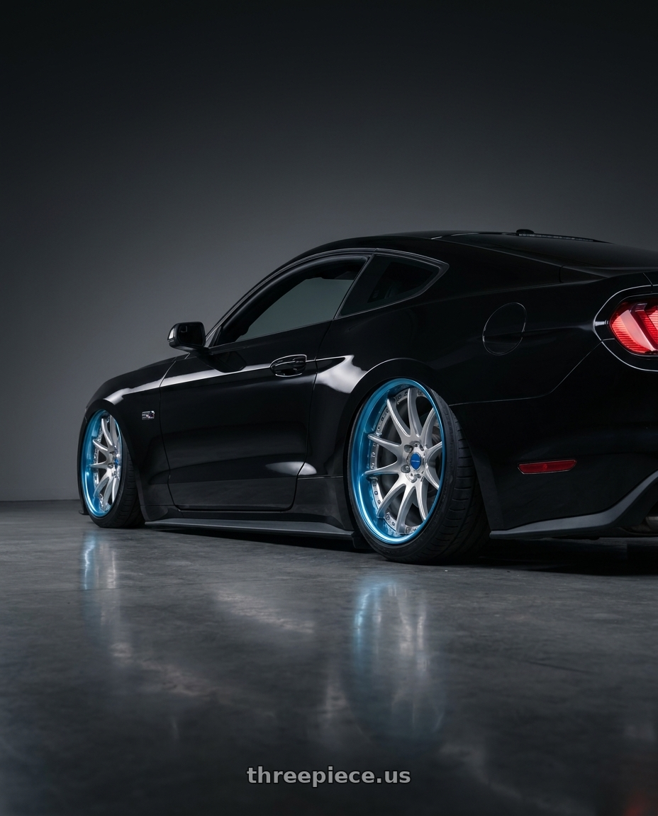 2017 Ford Mustang GT, Black with Work Emotion CR 3P wheels rear three quarter view square tires