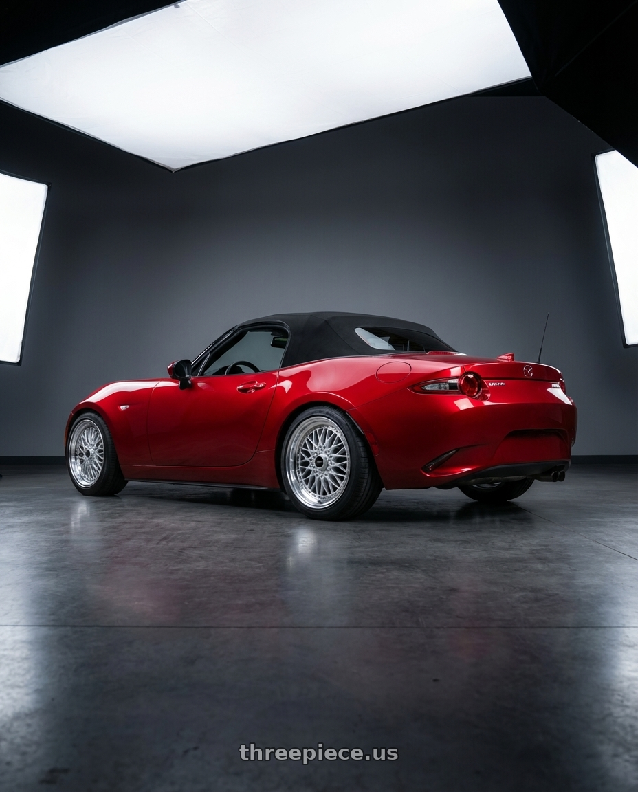 2016 Mazda Miata with Vors VR3 4x100/4x114.3 17x8 +33 Silver Machine Lip Chrome Rivet wheels rear three quarter view square tires