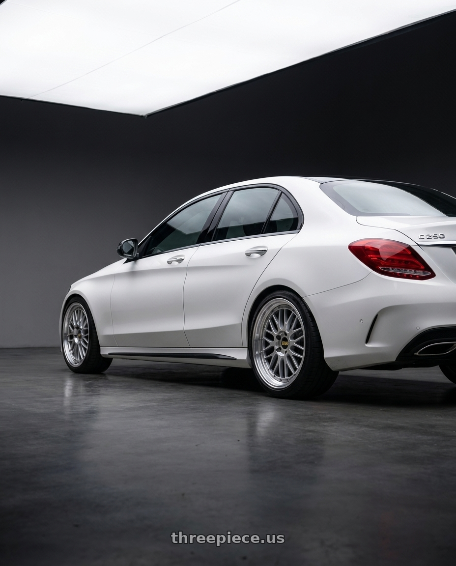 2014 W205 C250 with BBS LM 5x114.3 18x9.0+25 Diamond Silver wheels rear three quarter view square tires