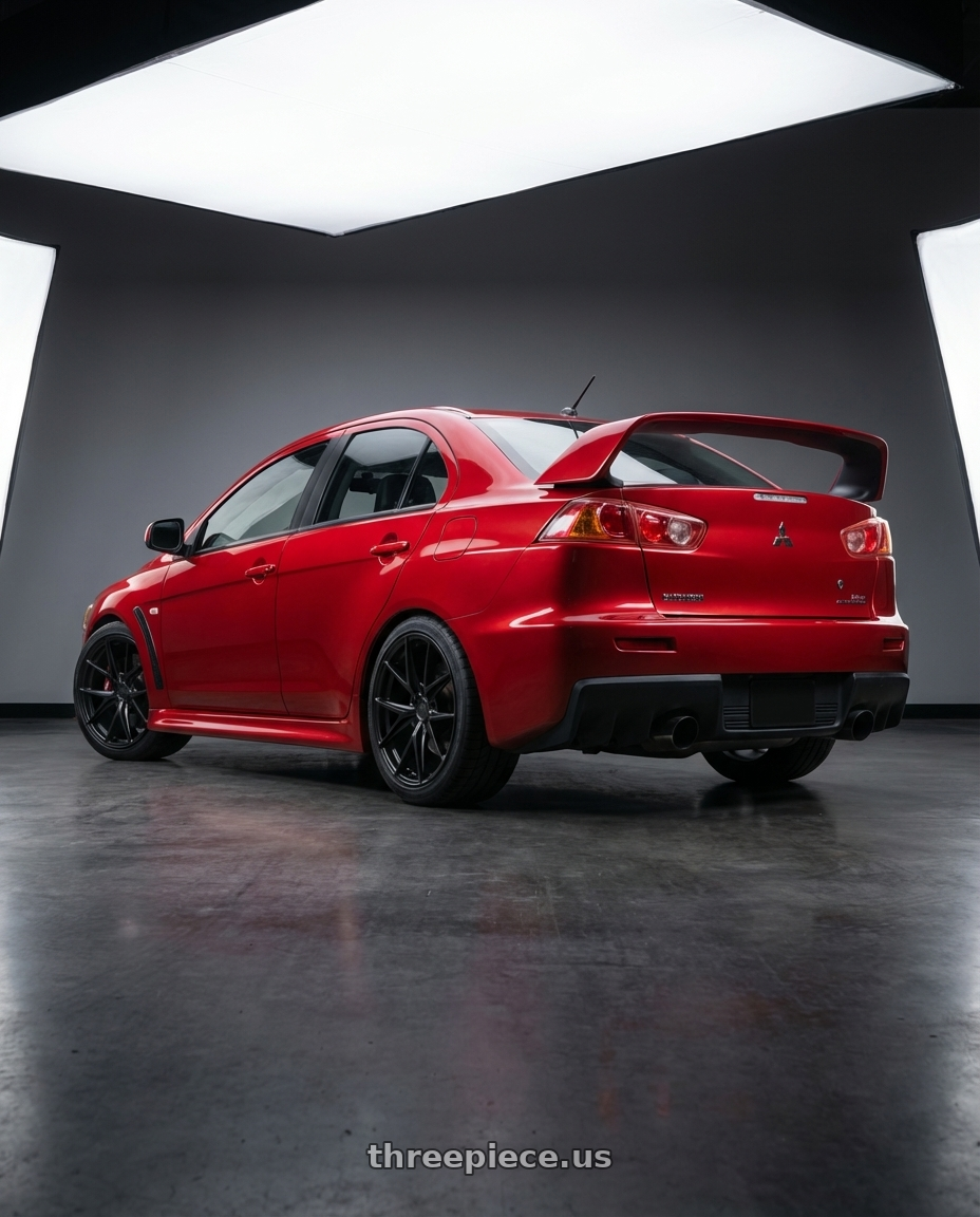 2012 Mitsubishi Lancer Evo X with Niche 1PC M117 MISANO 5X114.3 18X9.5 +40 MATTE BLACK wheels rear three quarter view square tires