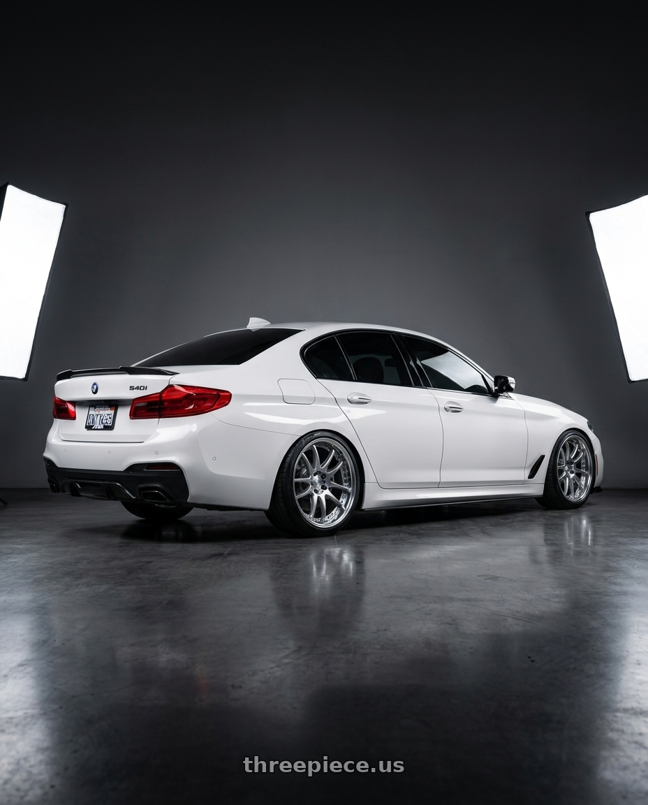 2019 bmw 540i alpine white with Work Emotion Cr 3P 5x112 20x10+35 A Disk Burning Silver wheels rear three quarter view slight stretch tires