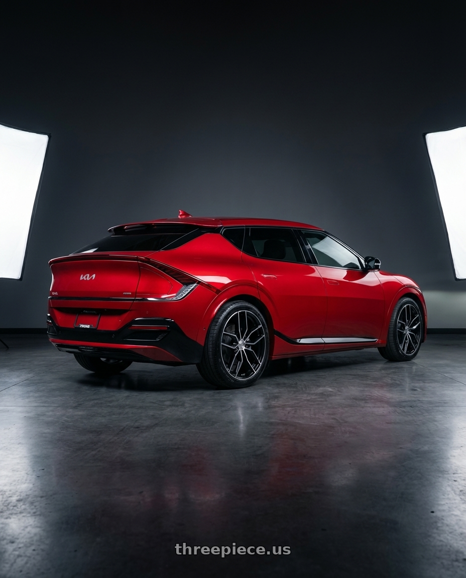 2024 kia ev6 with Petrol P5C 5X120 20X8.5 +35 GLOSS BLACK W/ MACHINED FACE wheels rear three quarter view square tires