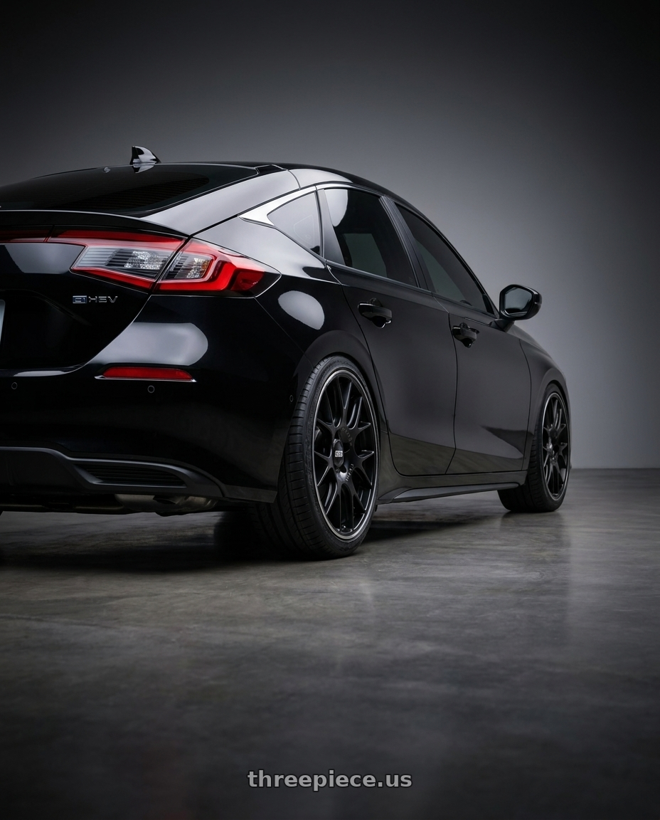 2025 Honda Civic e hev with BBS CH-R Center Lock 20x12 +44 Satin Black Polished Rim Protector wheels rear three quarter view slight stretch tires