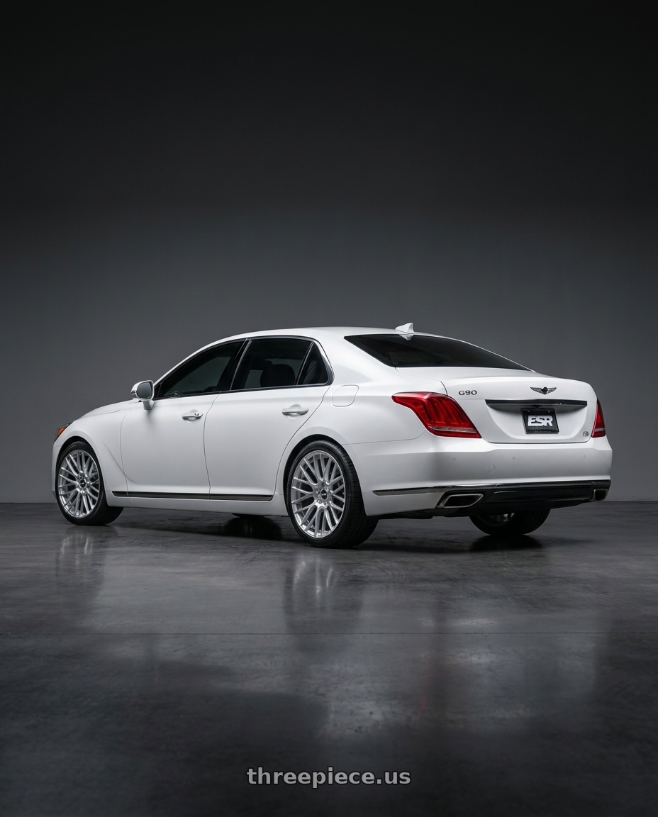 2018 genesis g90 ultimate with ESR Wheels FORGETECH SERIES RF11 5x114.3 20x10.5 +40 Hyper Silver wheels rear three quarter view square tires