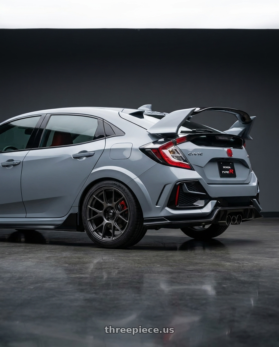 2021 Honda Civic Type R with Konig Ampliform 5x120 18x9.5+35 Dark Metallic Graphite wheels rear three quarter view square tires