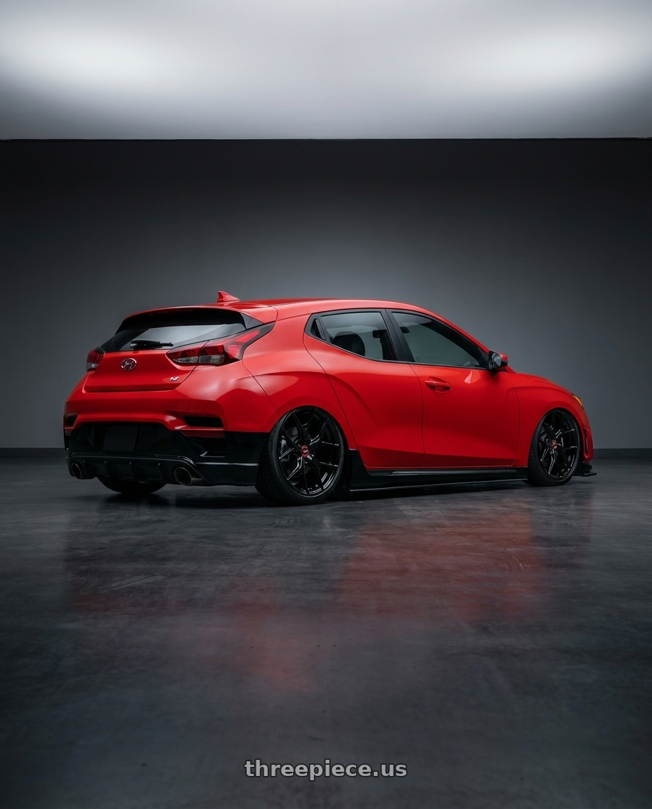 2022 Hyundai Veloster N with Vossen HF-5 19x9.5 / 5x114.3 / ET40 / Deep Face / 73.1 - Gloss Black Wheel - HF5-9N63 wheels rear three quarter view slight stretch tires