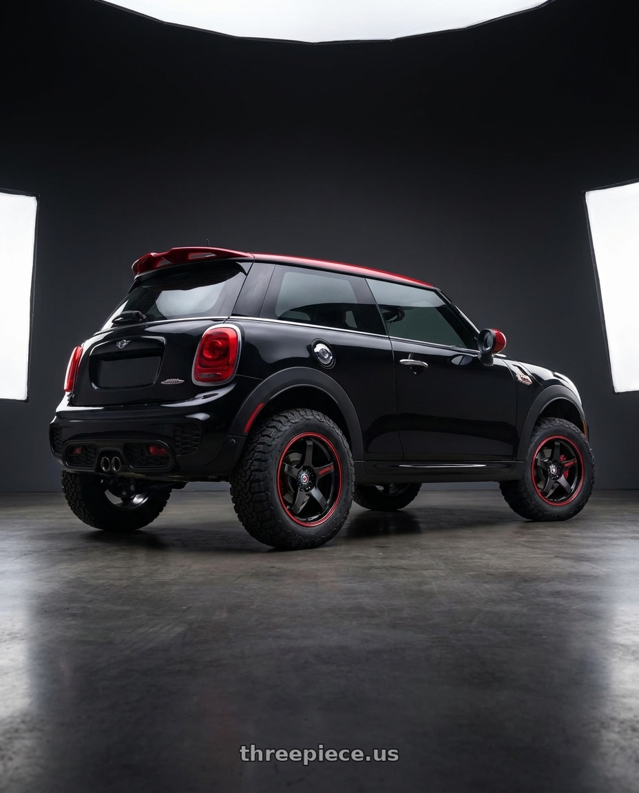 2019 Mini Cooper John Cooper with Spec-1 SPT-31 5x112/5x114.3 17x7.5 +42 Gloss Black & Red Line wheels rear three quarter view meaty tires
