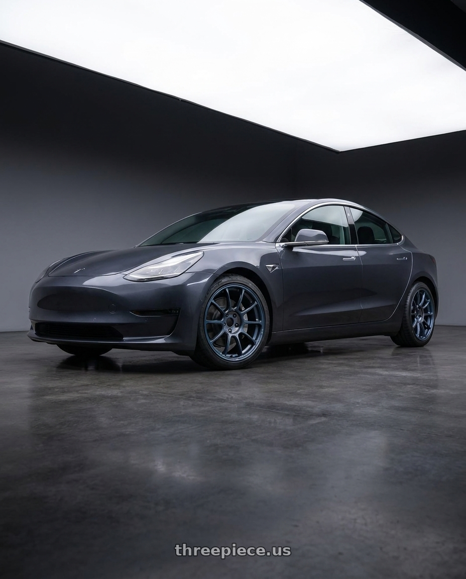 2019 tesla model 3 with Volk Racing ZE40 Time Attack III 5x114.3 18x8.5+41 Metallic Blue / Matte Dark Clear LM wheels