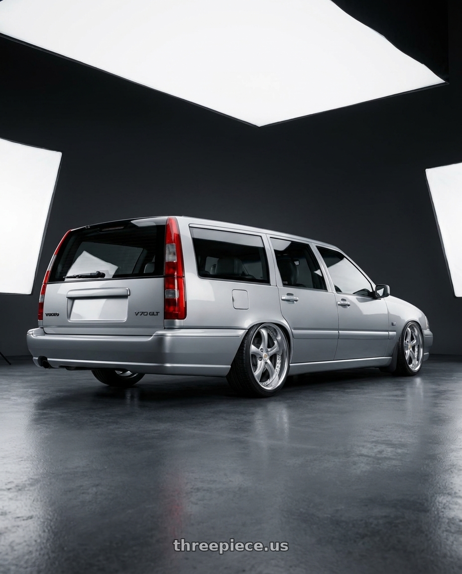 1998 Volvo v70 glt silver with Work Wheels VS-KF 5x108 18x7.5+40 Light Grey Silver O Disk FULL REVERSE wheels rear three quarter view slight stretch tires