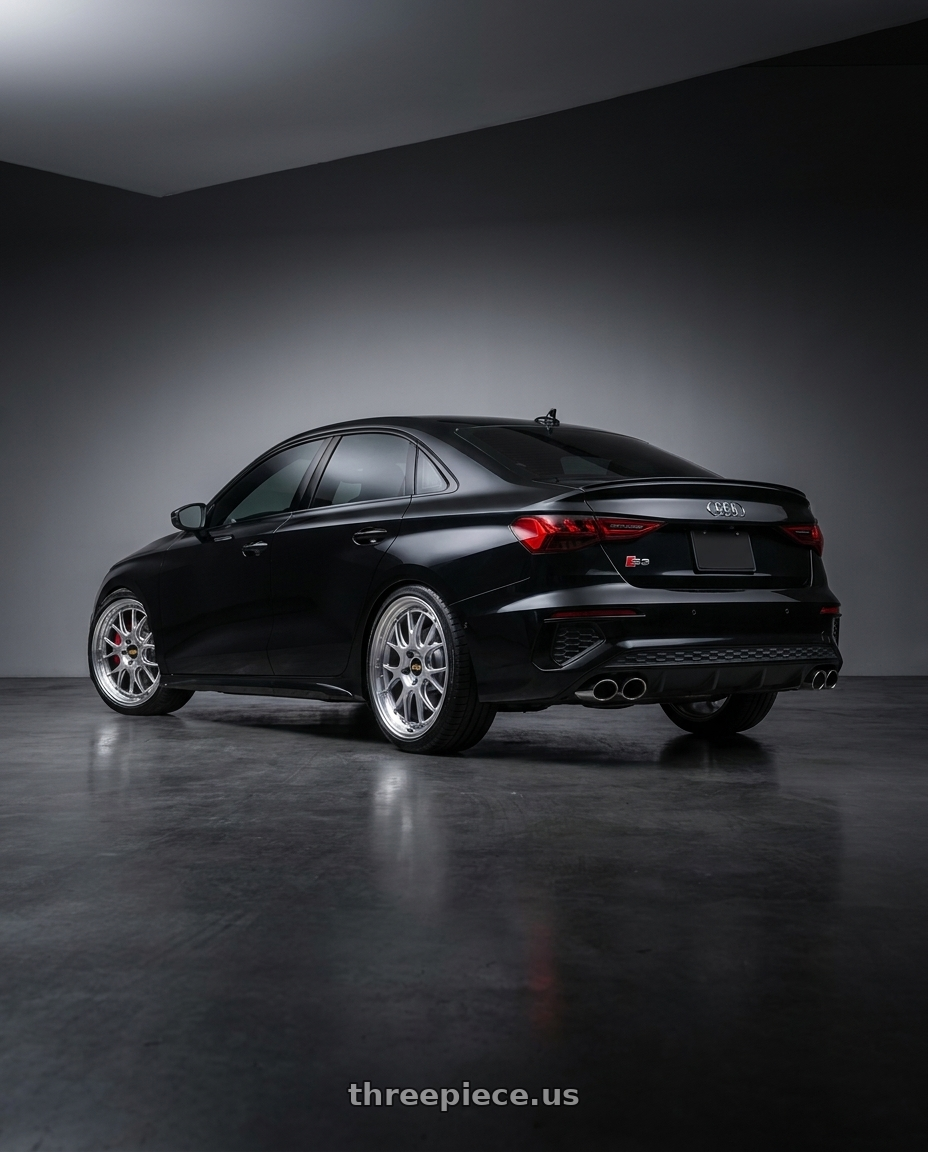 2023 Audi S3 with BBS LM-R 5x114.3 19x8.5+43 Diamond Silver wheels rear three quarter view square tires