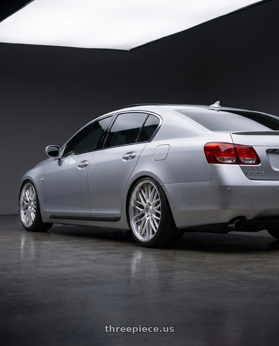 2006 Lexus gs300 with Work Gnosis Gr204 5x114.3 19x8.5+38 W Disk Brush Silver Clear wheels rear three quarter view square tires
