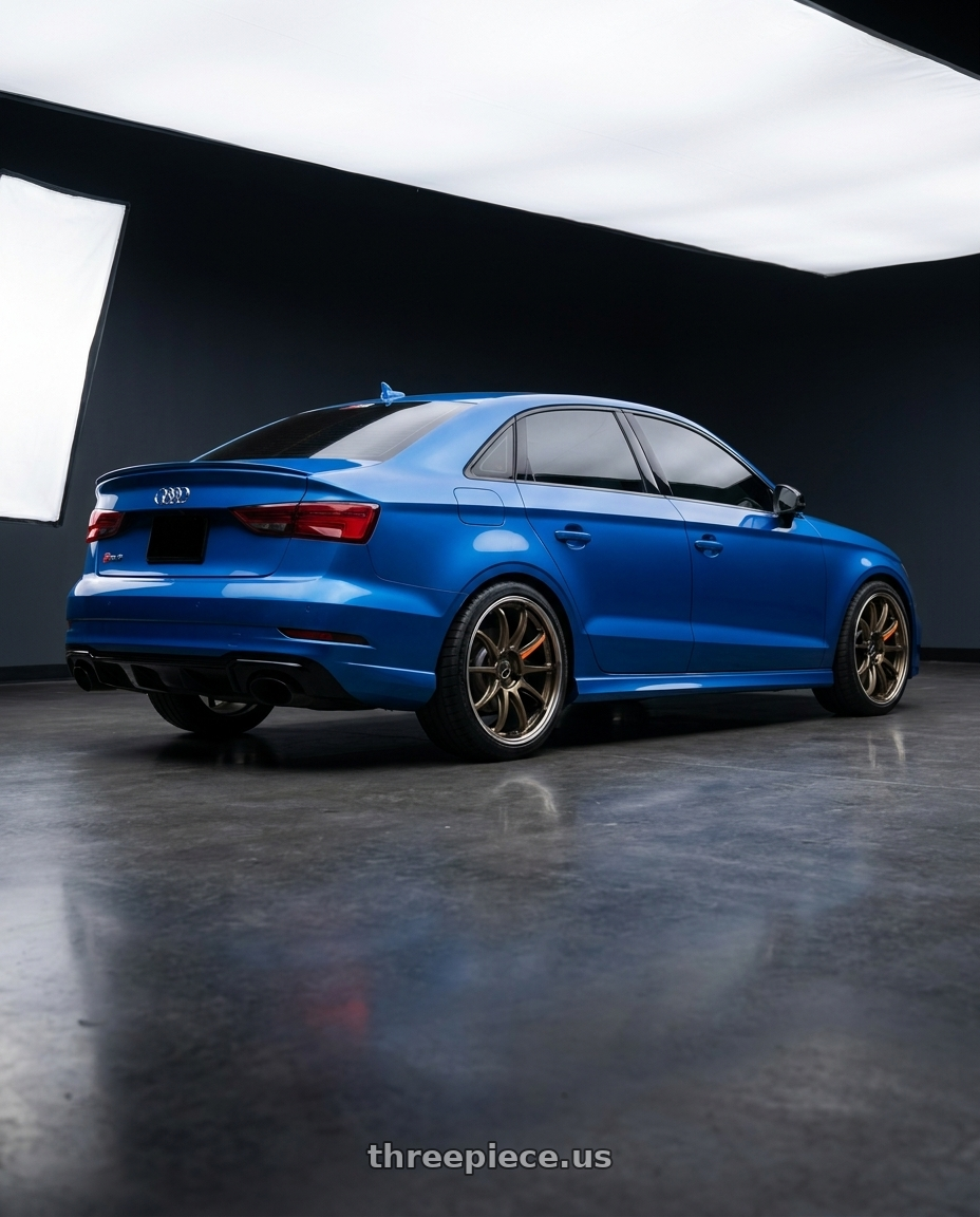 2018 Audi rs3 with Work Emotion Zr10 5x112 19x9.5 +38 Titanium Diamond Lip Cut wheels rear three quarter view square tires