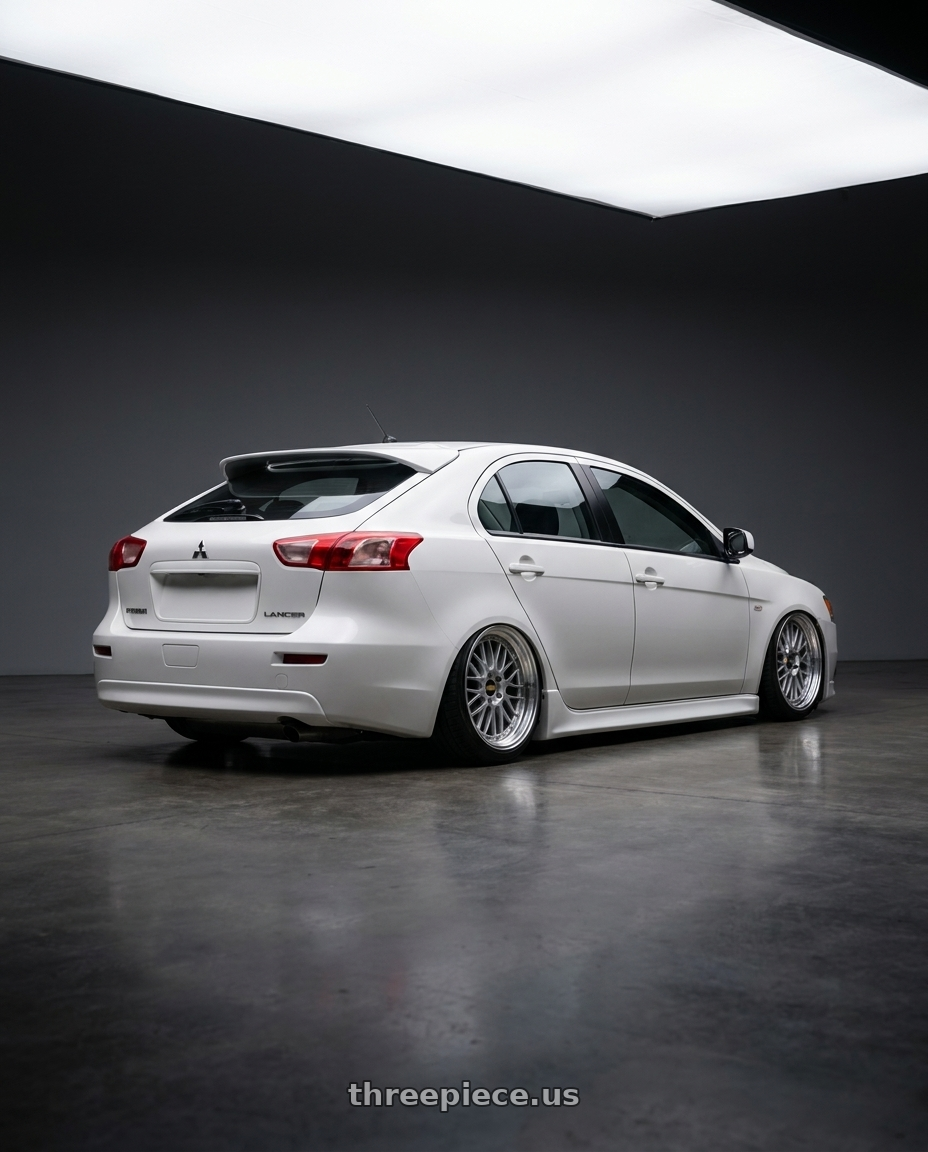 2014 Mitsubishi lancer sportback with BBS LM 5x114.3 18x8.5+38 Diamond Silver wheels rear three quarter view slight stretch tires