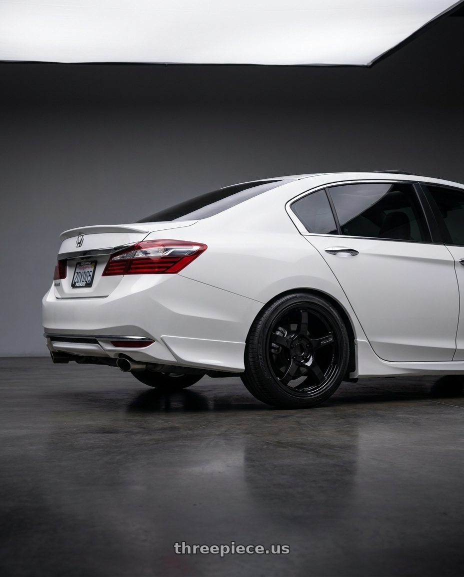 2016 Honda accord with Gram Lights 57CR 5x114.3 18x7.5+40 Glossy Black wheels rear three quarter view square tires