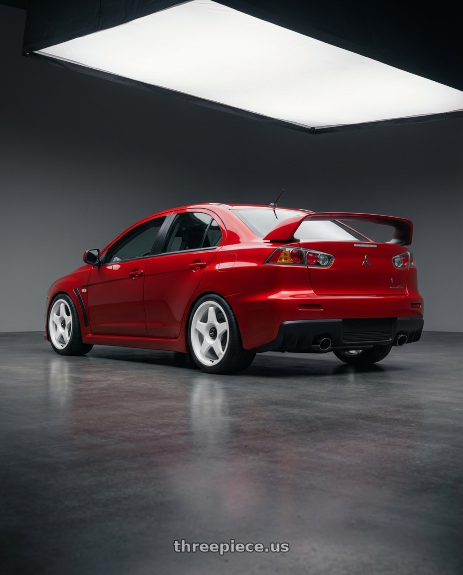 2012 Mitsubishi Lancer Evo X with fifteen52 CHICANE 5x114.3 / 5x100 18x8.5 +35 RALLY WHITE (GLOSS WHITE) wheels rear three quarter view square tires