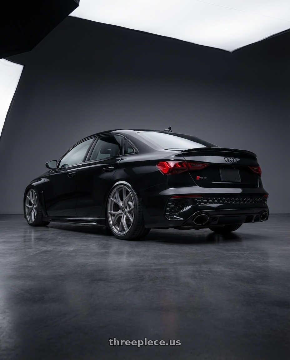 2022 Audi RS3 8Y with Niche 1PC M116 MISANO 5X112 19X9.5 +35 MATTE GUN METAL wheels rear three quarter view slight stretch tires