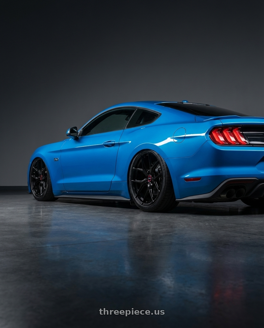 2022 Ford Mustang GT with Vossen HF-5 20x9.5 / 5x114.3 / ET25 / Deep Face / 73.1 -GB - Gloss Black Wheel - HF5-0N07 wheels rear three quarter view slight stretch tires