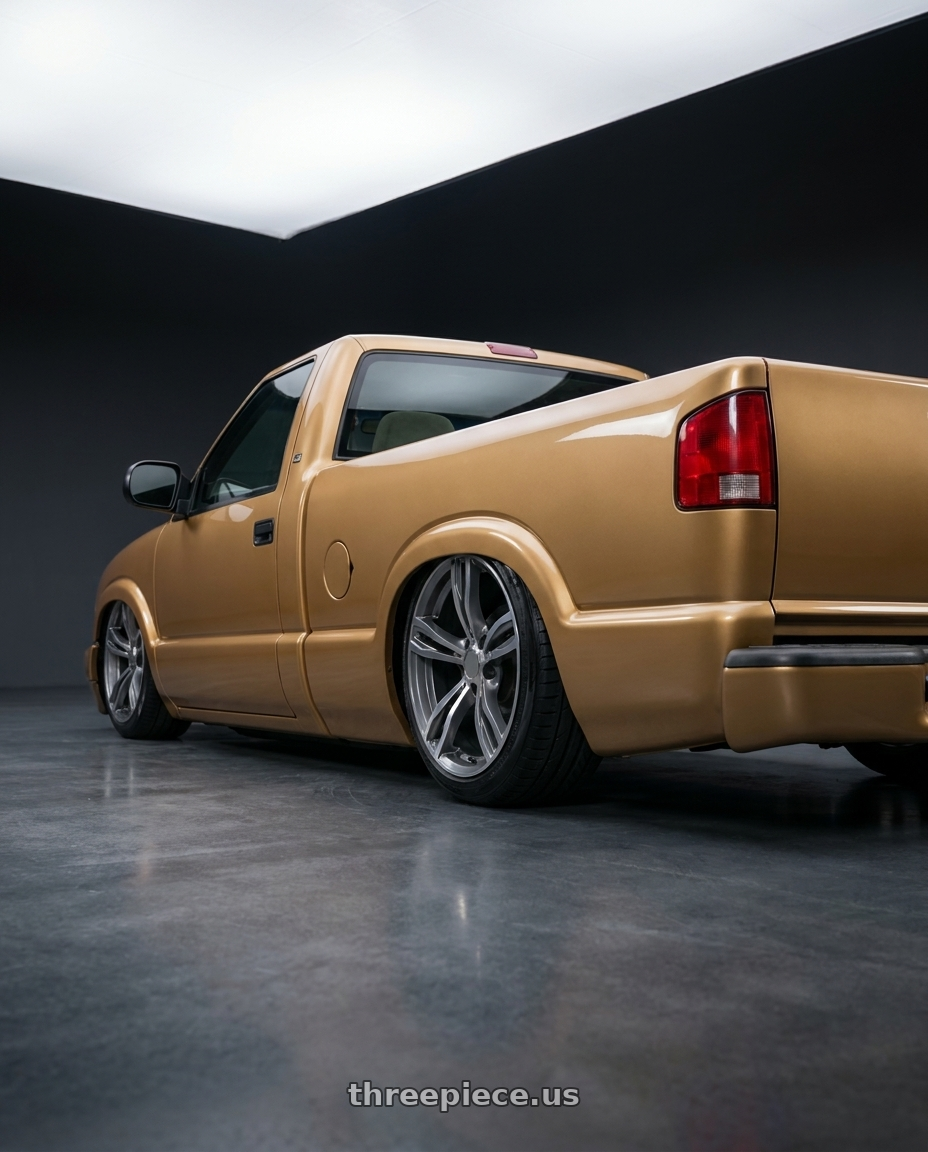 1998 Chevrolet s10 with REPLICA WHEELS R5056 5x120 19x8.5+35 GREY  / MACHINE wheels rear three quarter view slight stretch tires