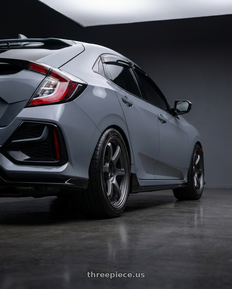 2021 Honda Civic sports Civic with Gram Lights 57DR 5x114.3 18x8.5+37 Gunblue II wheels rear three quarter view square tires