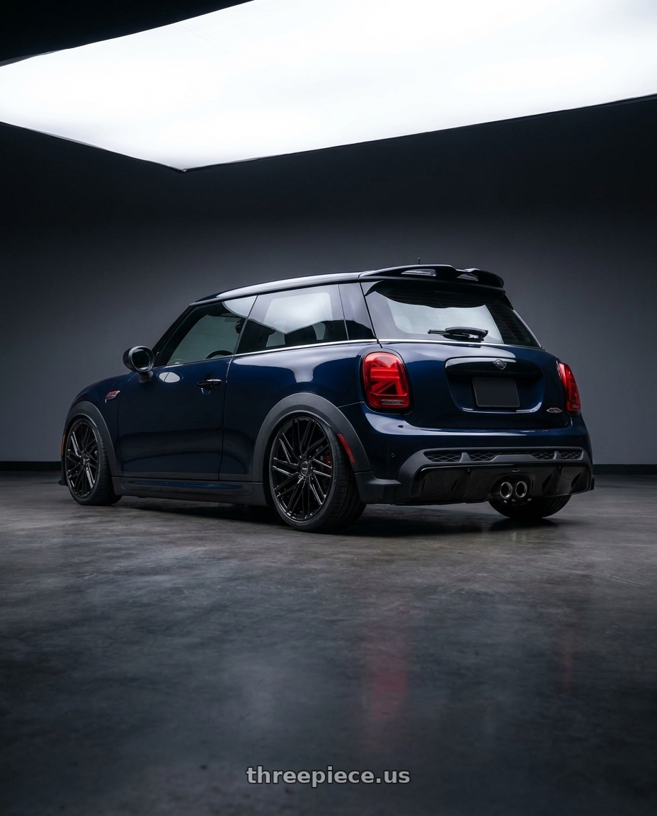 MINI HARDTOP JCW 2023 with Motiv 429B Align 5x114.3/5X120 18x8 +40 Gloss Black wheels rear three quarter view slight stretch tires