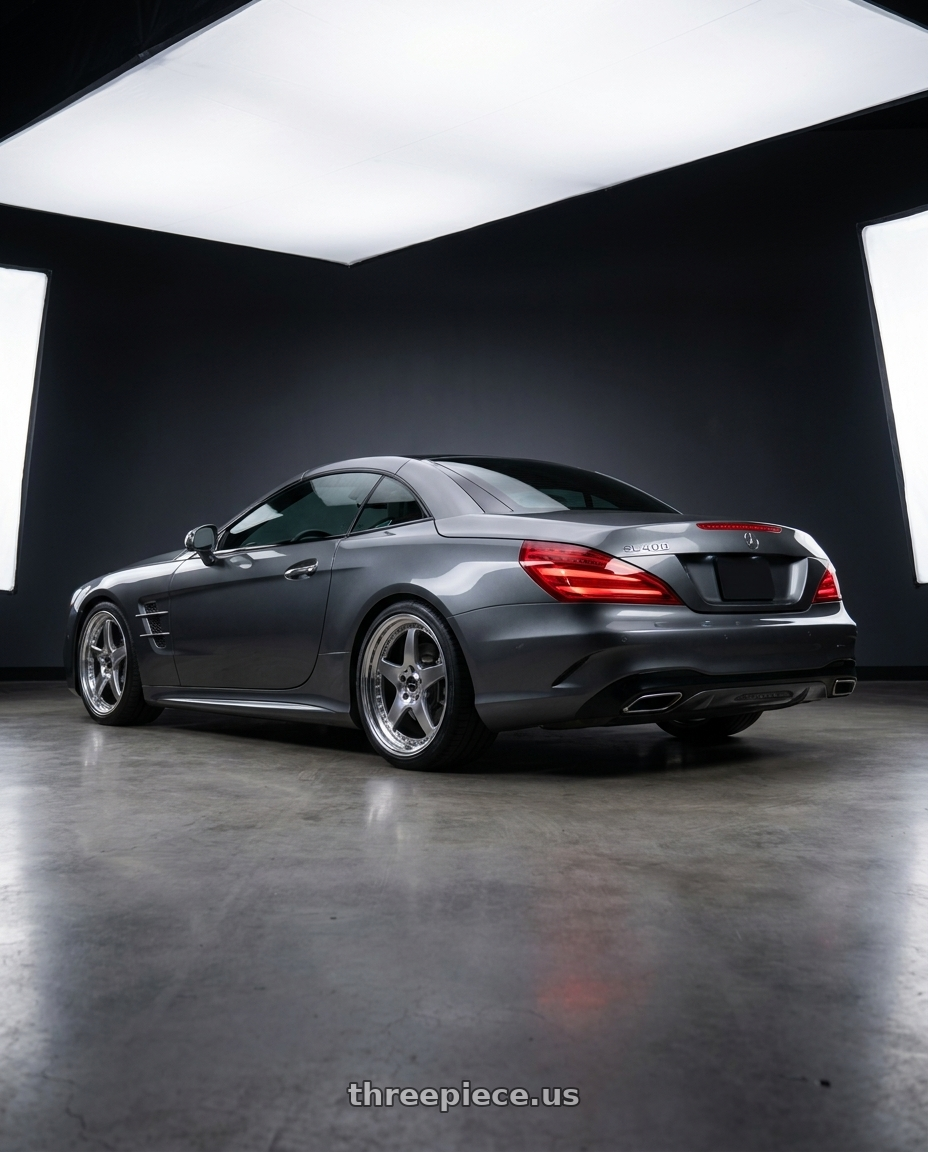 2016 Mercedes Benz SL400 with SSR Professor SP6 5x112 20X8.5+30 SL Disk Titan Silver wheels rear three quarter view square tires
