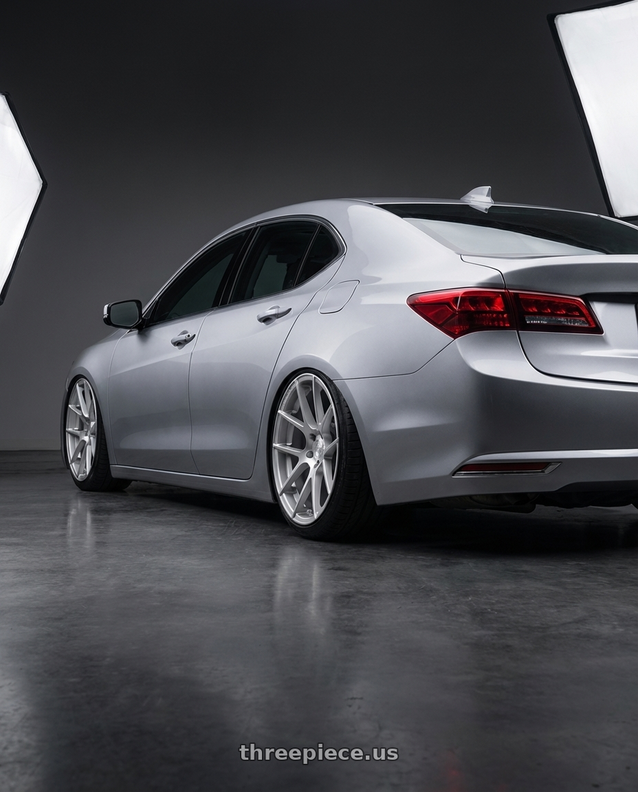 2019 Acura TLX with Avant Garde Wheels M510 5X114.3 20x8.5 +20 Satin Silver wheels rear three quarter view slight stretch tires