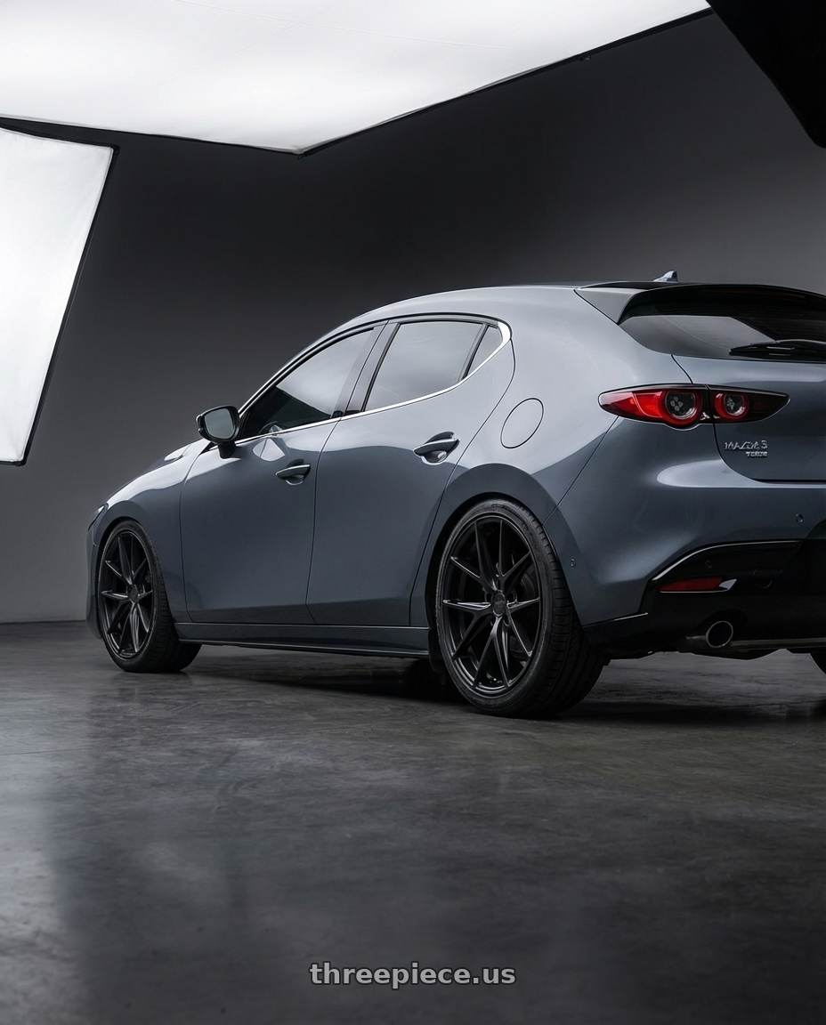 2023 Mazda Mazda3 Turbo with Niche 1PC M117 MISANO 5X114.3 18X8 +40 MATTE BLACK wheels rear three quarter view square tires