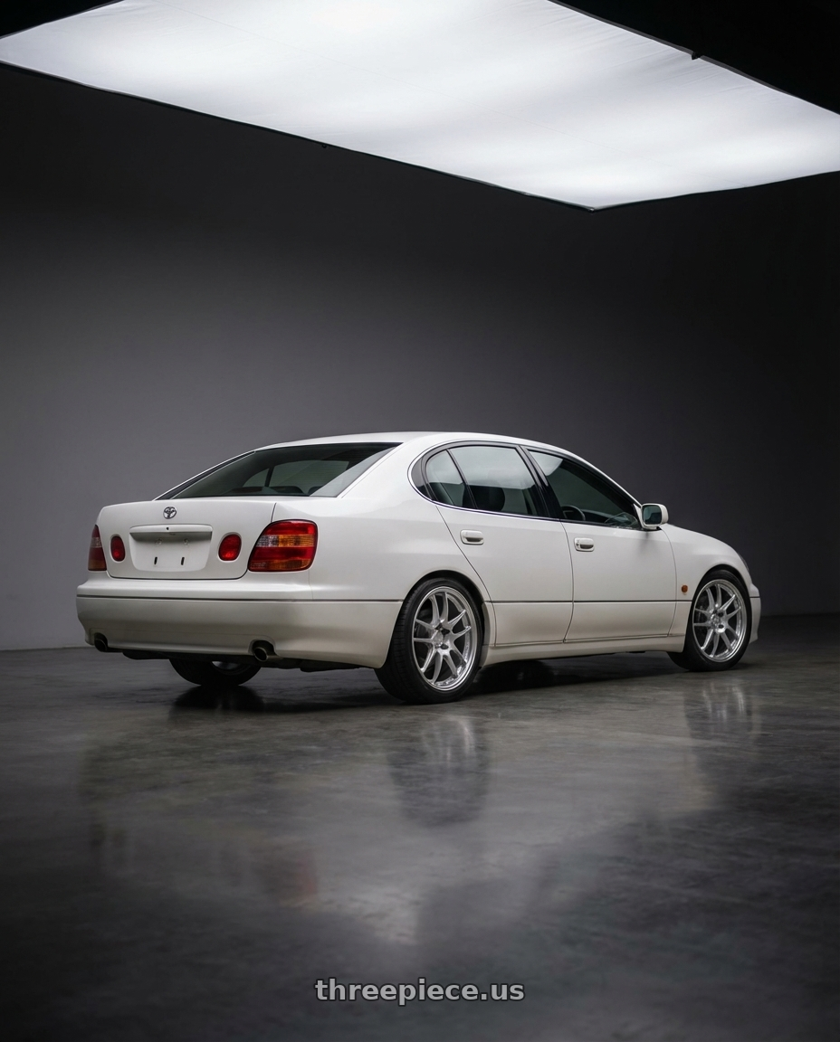 1997 Toyota Aristo V300 with Enkei PF01 5x114.3 18x8.5+48 Silver wheels rear three quarter view square tires