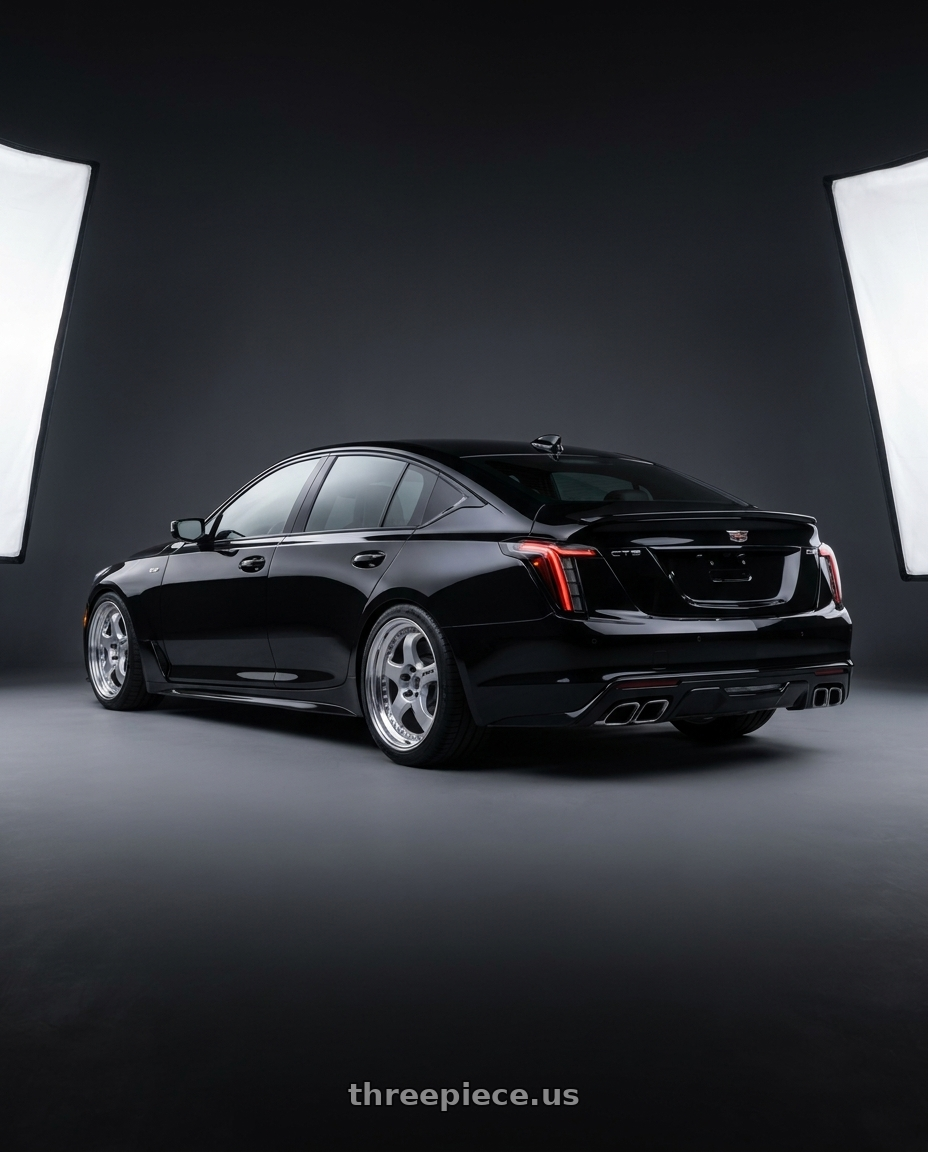 2026 Cadillac CT5-V BlackWing with Work Meister S1 3P 5x120 19x10+17 O Disk Silver wheels rear three quarter view slight stretch tires