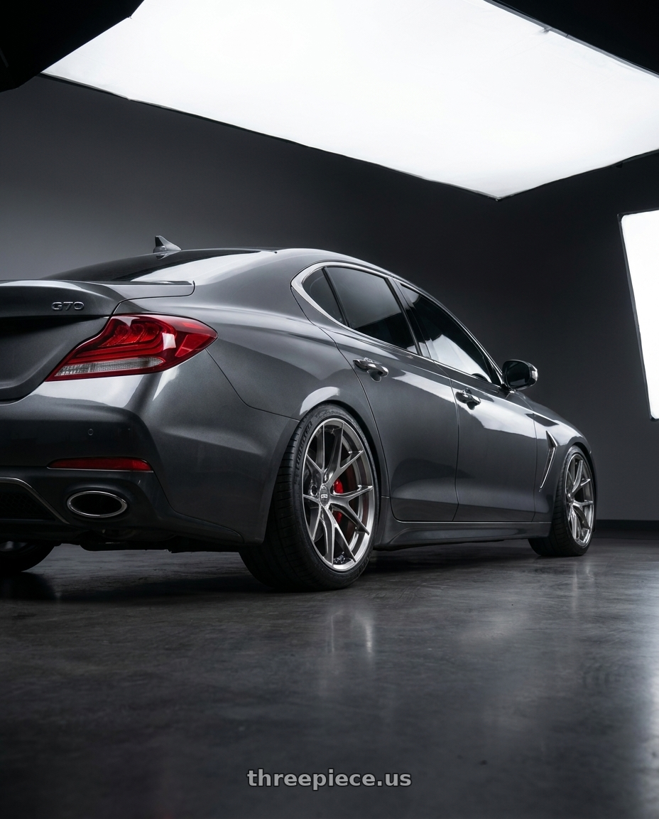2019 Genesis g70 with ESR Wheels FORGETECH SERIES RF2 5x108 19x10.5 +22 Hyper Black wheels rear three quarter view slight stretch tires