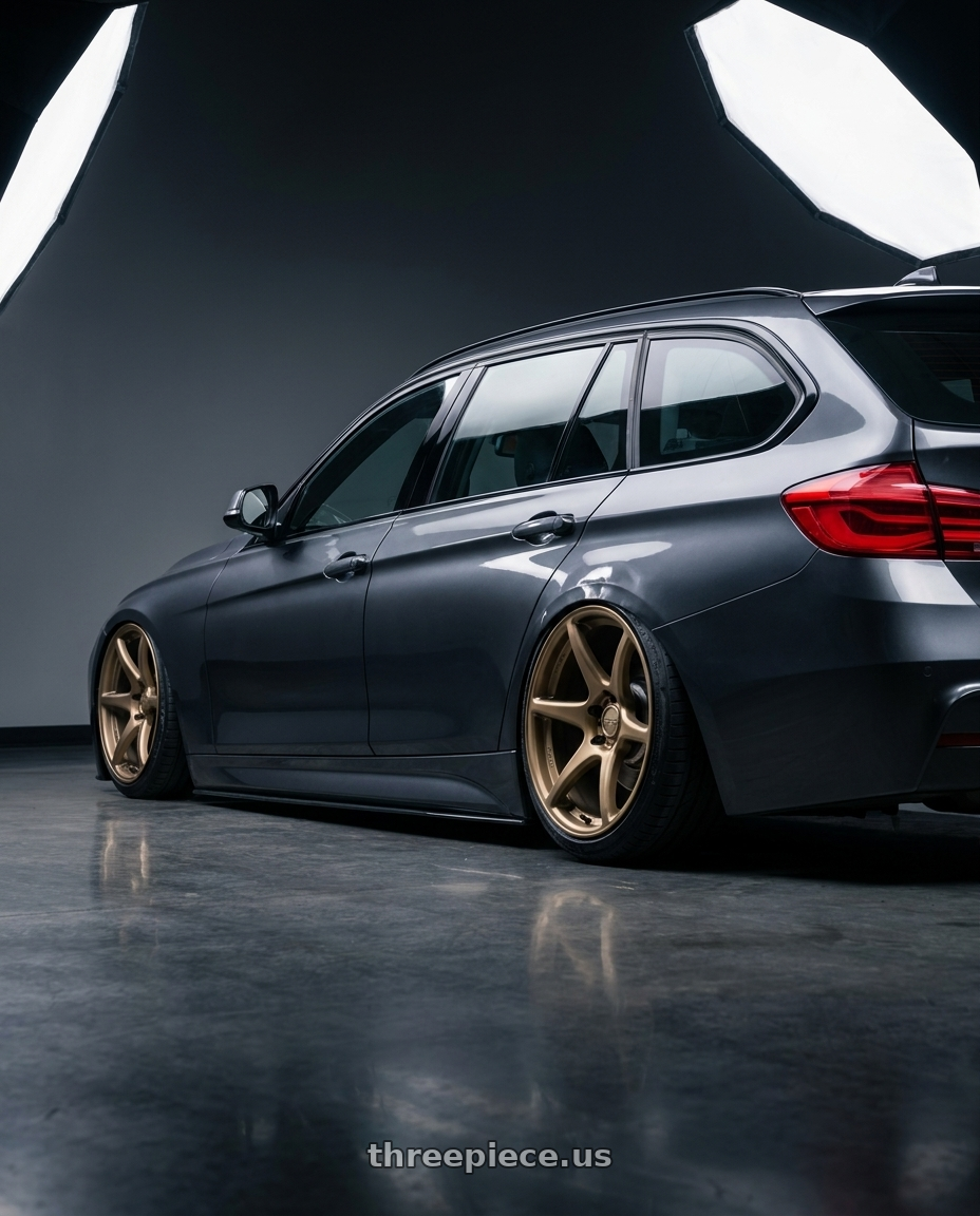 2016 BMW 3 Series F30 with Kansei K11B Tandem 5X120 19x10.5 22 Bronze wheels rear three quarter view slight stretch tires