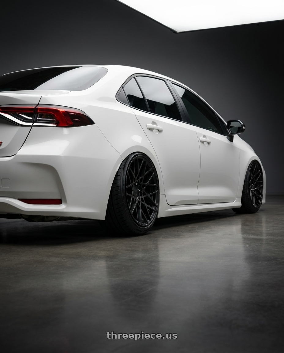 2023 toyota gr altis with Rotiform 1PC R112 BLQ 5X112 18X8.5 +35 MATTE BLACK wheels rear three quarter view extreme stretch tires