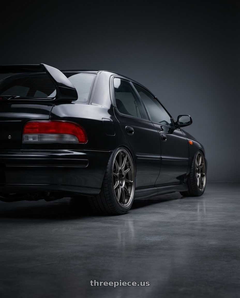 1998 Subaru Impreza GC8 with WedsSport TC105X 5x100 17x8.0+42 EJ Titan Face: F wheels rear three quarter view square tires
