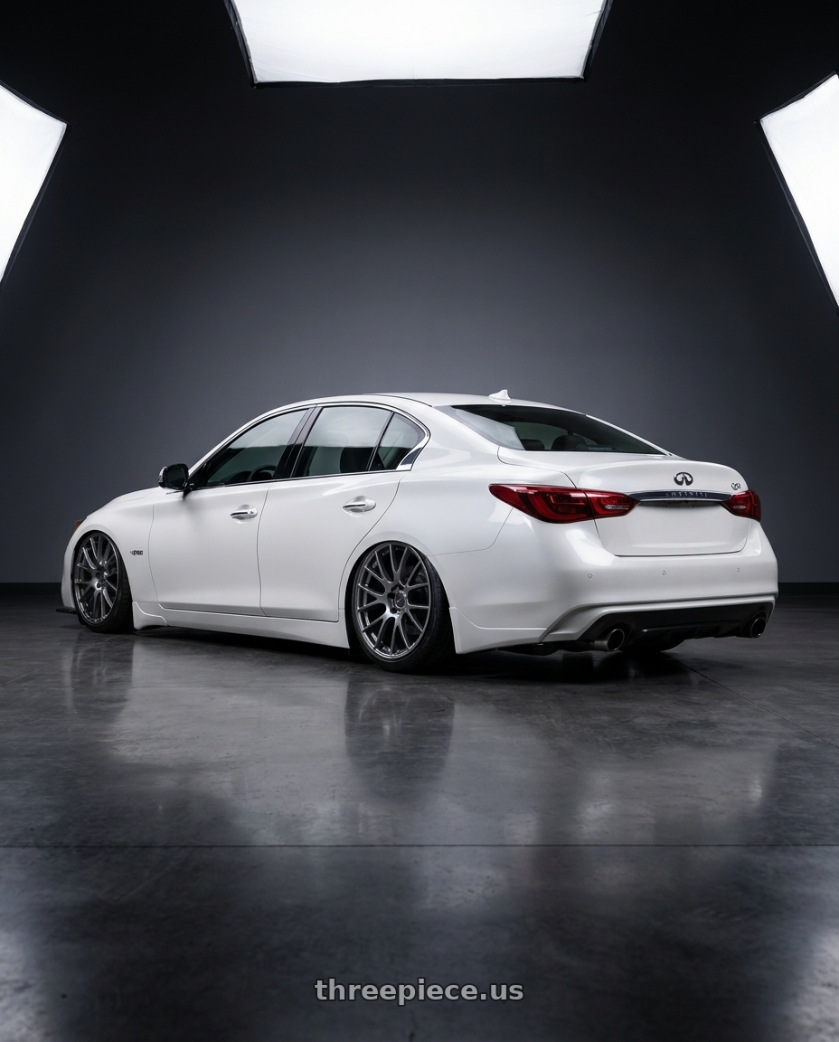 2020 Infiniti Q50 with Ssr Gtv04 5x114.3 19×8.5x8.5+45  METALLIC GRAY wheels rear three quarter view slight stretch tires