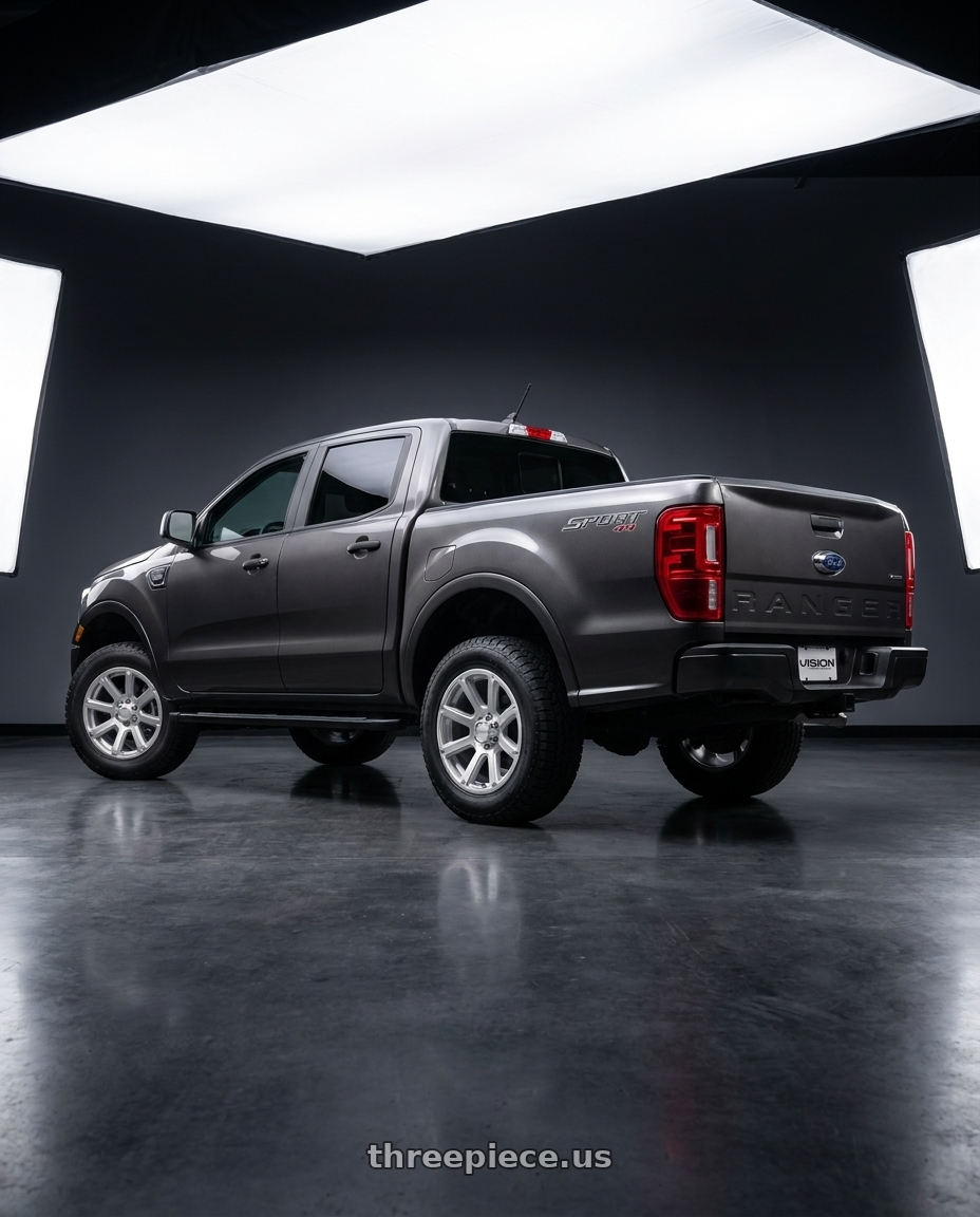 2021 Ford Ranger XL with Vision Off-Road 353 Turbine 6x139.7 17x8.5+18 Winter Paint-Silver( Salt Resistant) wheels rear three quarter view square tires