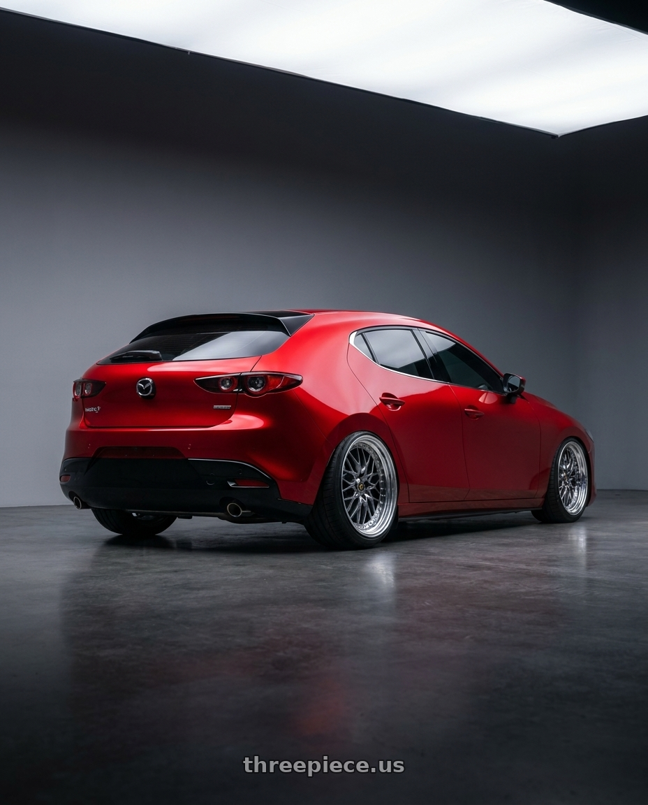 2025 Mazda 3 with Work Vs-Xv 5x100 18x9+53 A Disk Brilliant Silver Black wheels rear three quarter view square tires