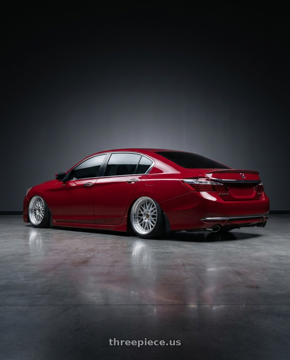2016 Honda Accord Sport with Work Vs-Xv 5x114.3 18x9+8 R Disk Silky Rich Silver wheels rear three quarter view slight stretch tires