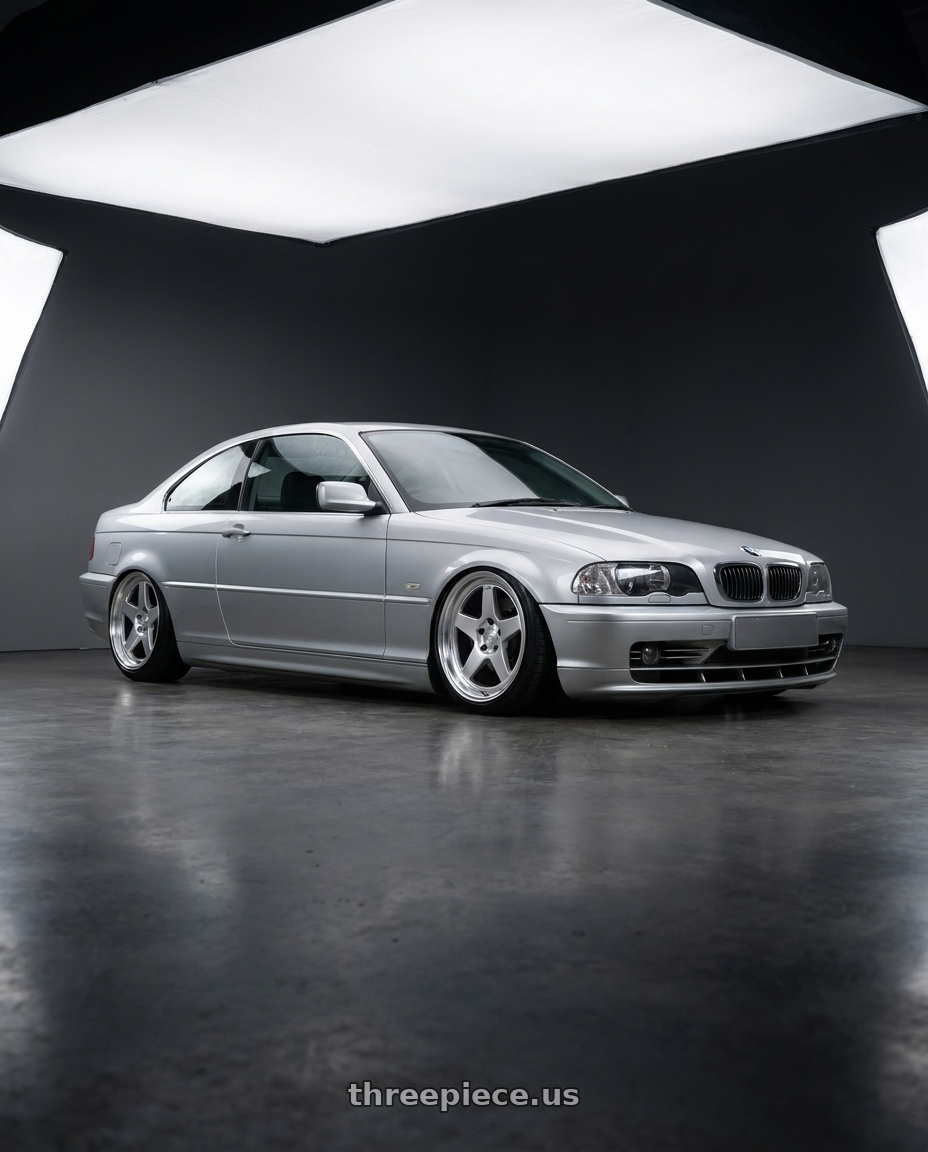 2004 BMW 330Ci with Kansei K12H KNP 5X120 17x9 35 Hyper Silver wheels front three quarter view stanced stance