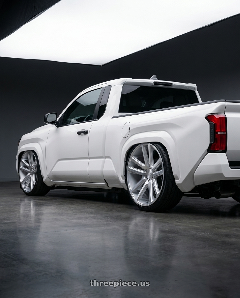 2025 toyota tacoma 4th gen sr 2 door with DUB 1PC S257 FLEX 6X135 24X10 +30 GLOSS SILVER BRUSHED FACE wheels rear three quarter view extreme stretch tires