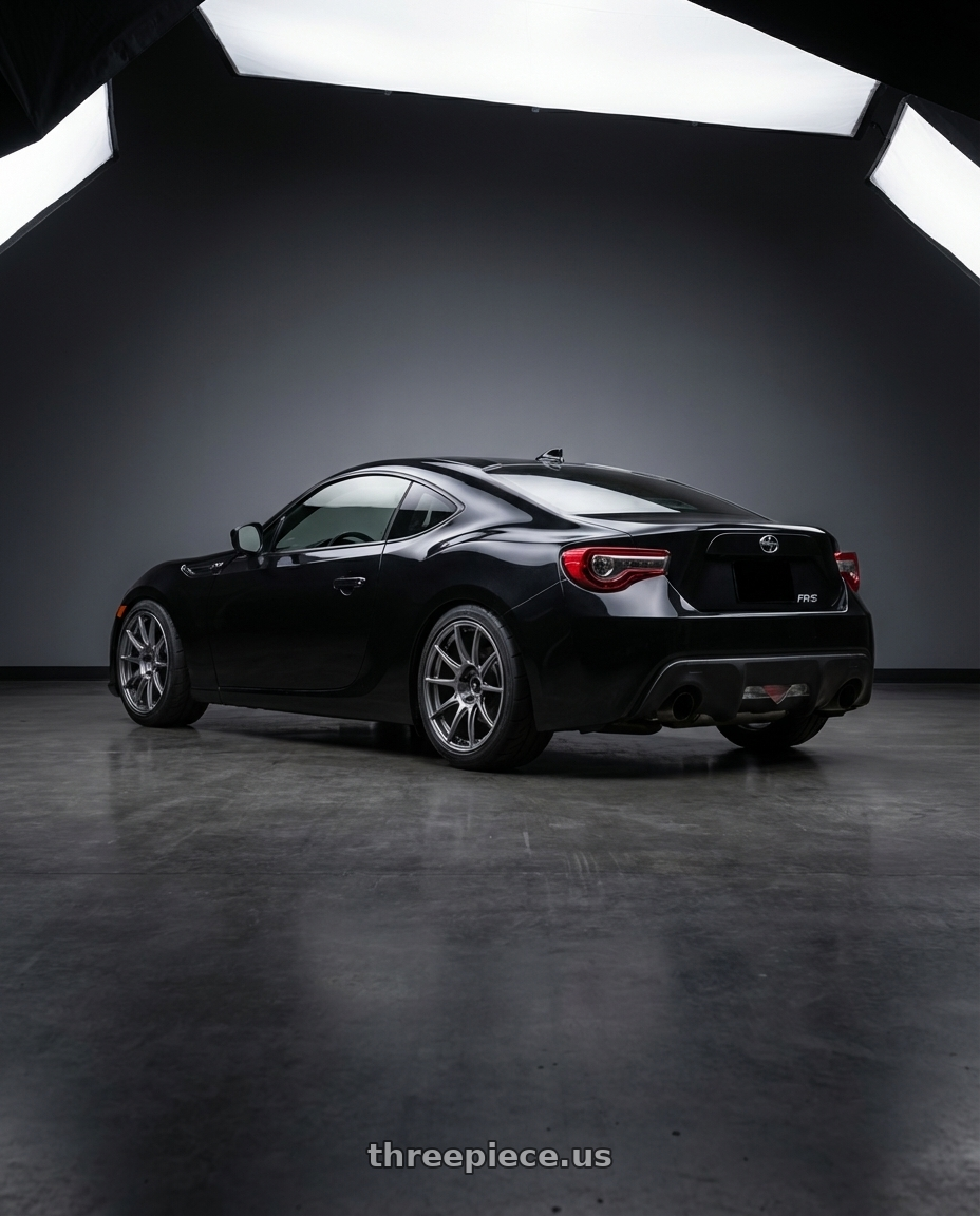 2015 Scion FR-S Raven Black Metallic with Ssr Gtx01 5x100 18x9.5+40  DARK SILVER wheels rear three quarter view meaty tires