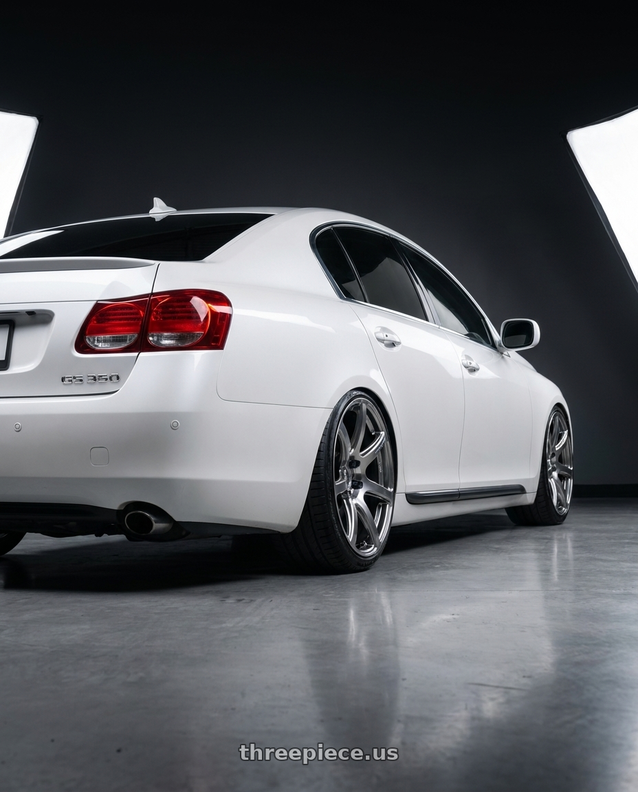 2006 lexus gs350 with Work Emotion T7r 5x100 18x10.5 +12 Gt Silver wheels rear three quarter view slight stretch tires