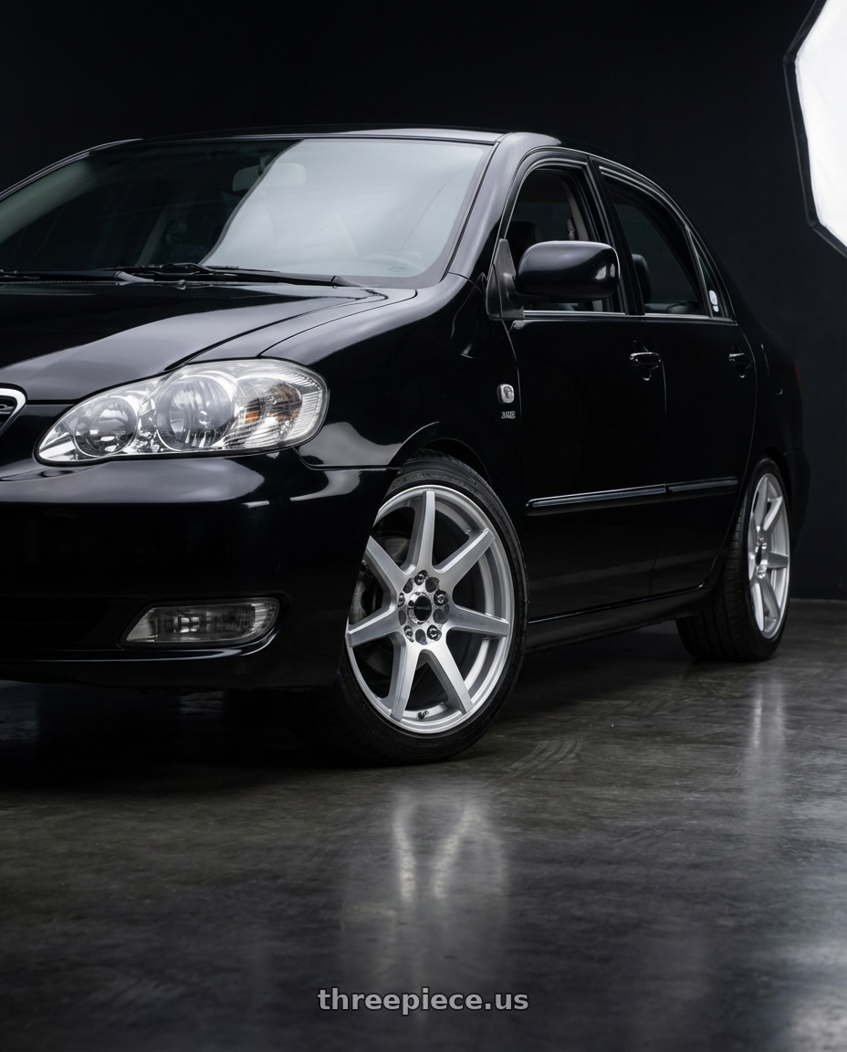 2006 Toyota Corolla Altis 1.6J with Raceline 131S Evo SMF 4X100/4X108 16x7 40 Silver and Machined wheels front three quarter view lowered stance