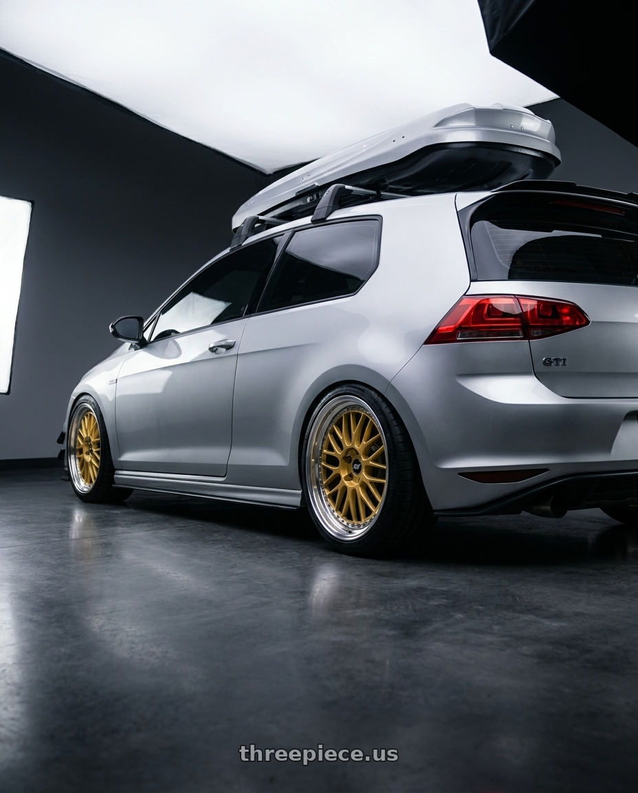 2015 VW GTI with Work Zistance W10m 5x120 19x12.5+8 S Disk Cool Light Silver wheels rear three quarter view square tires