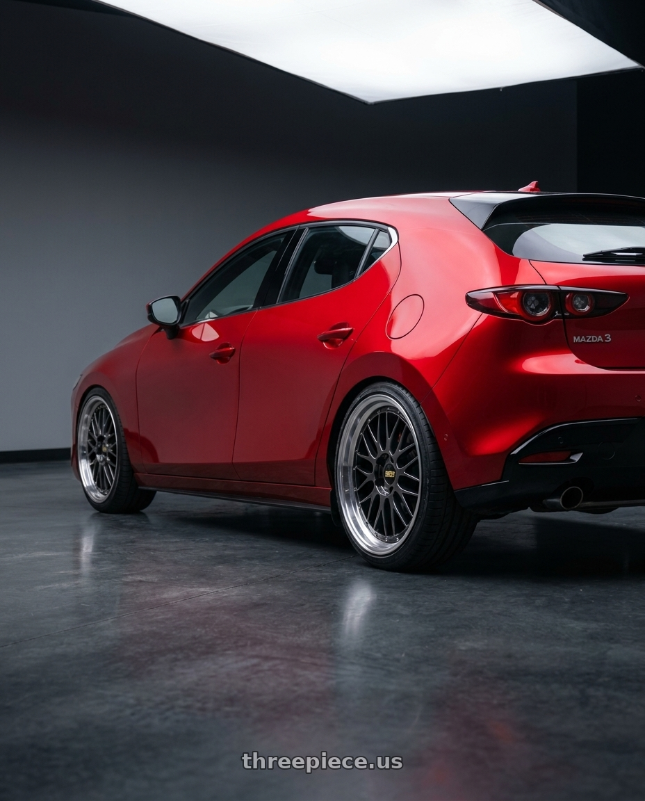 2024 Mazda 3 with BBS LM 5x120 19x9.0+27 Diamond Black wheels rear three quarter view slight stretch tires