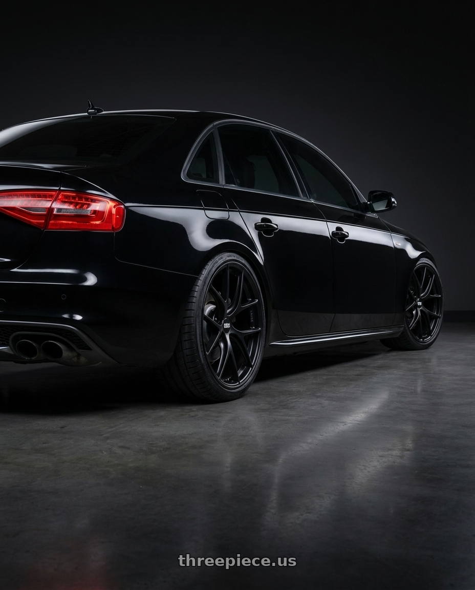 2013 Audi a4 with BBS FI 5x114.3 20x8.75 +44 Black Satin wheels rear three quarter view slight stretch tires