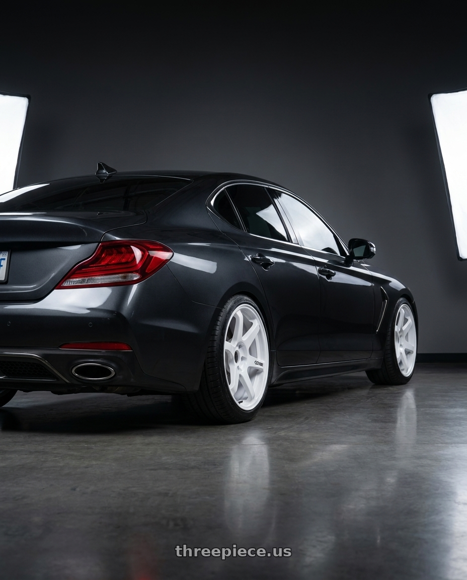 2019 Genesis G70 with Enkei T6R 5x114.3 18x9.5+38 Vanquish White wheels rear three quarter view slight stretch tires