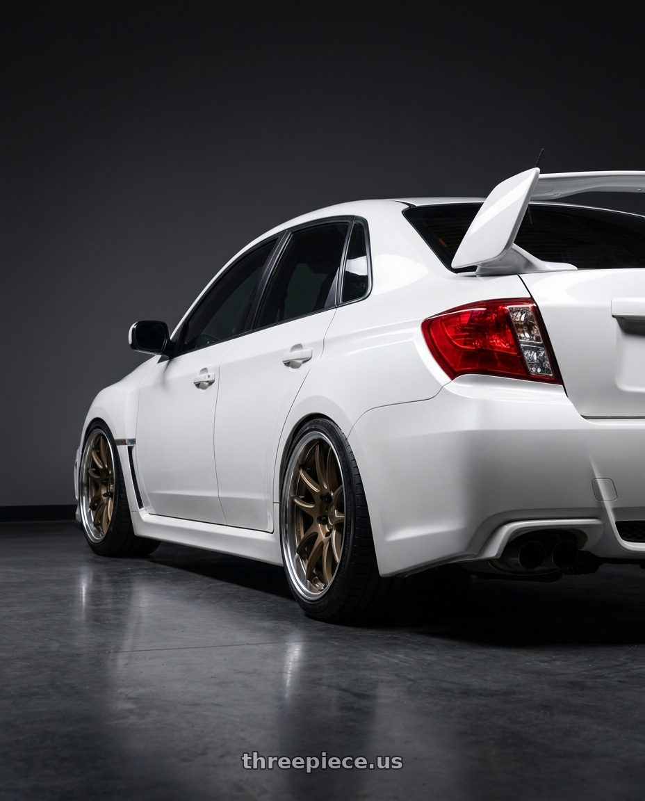 2011 sti subaru sedan  with Work Cr 2P 5x114.3 19x9.0 +45 Matte Bronze wheels rear three quarter view square tires