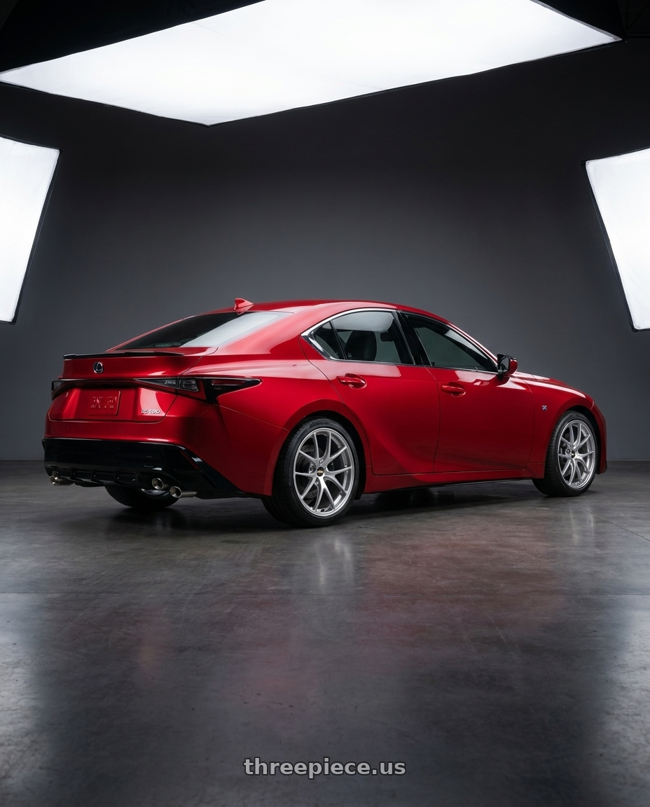2023 Lexus is500 with BBS RI-A 5x114.3 18x9.5+35 Diamond Silver wheels rear three quarter view square tires