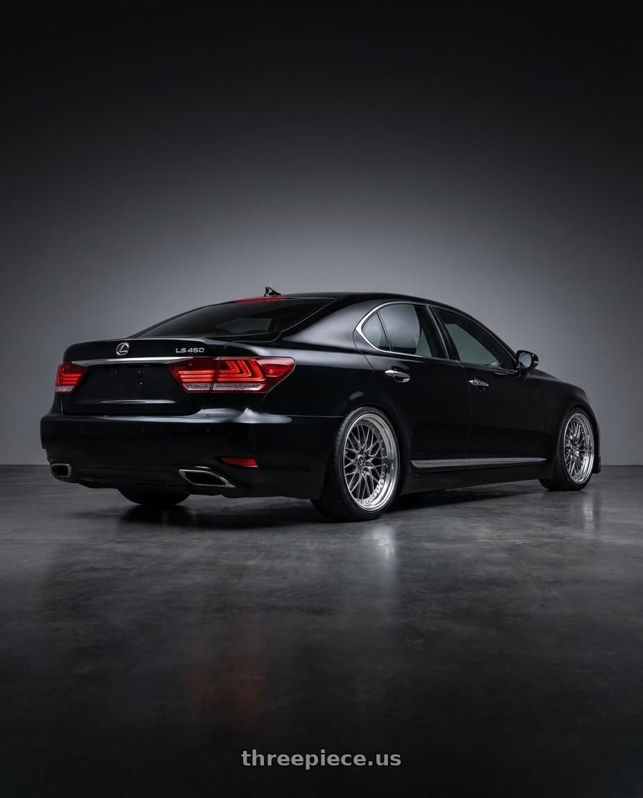 2010 lexus ls460 with Work Vs-Xv 5x100 18x8.5+8 A Disk Brilliant Silver Black wheels rear three quarter view square tires