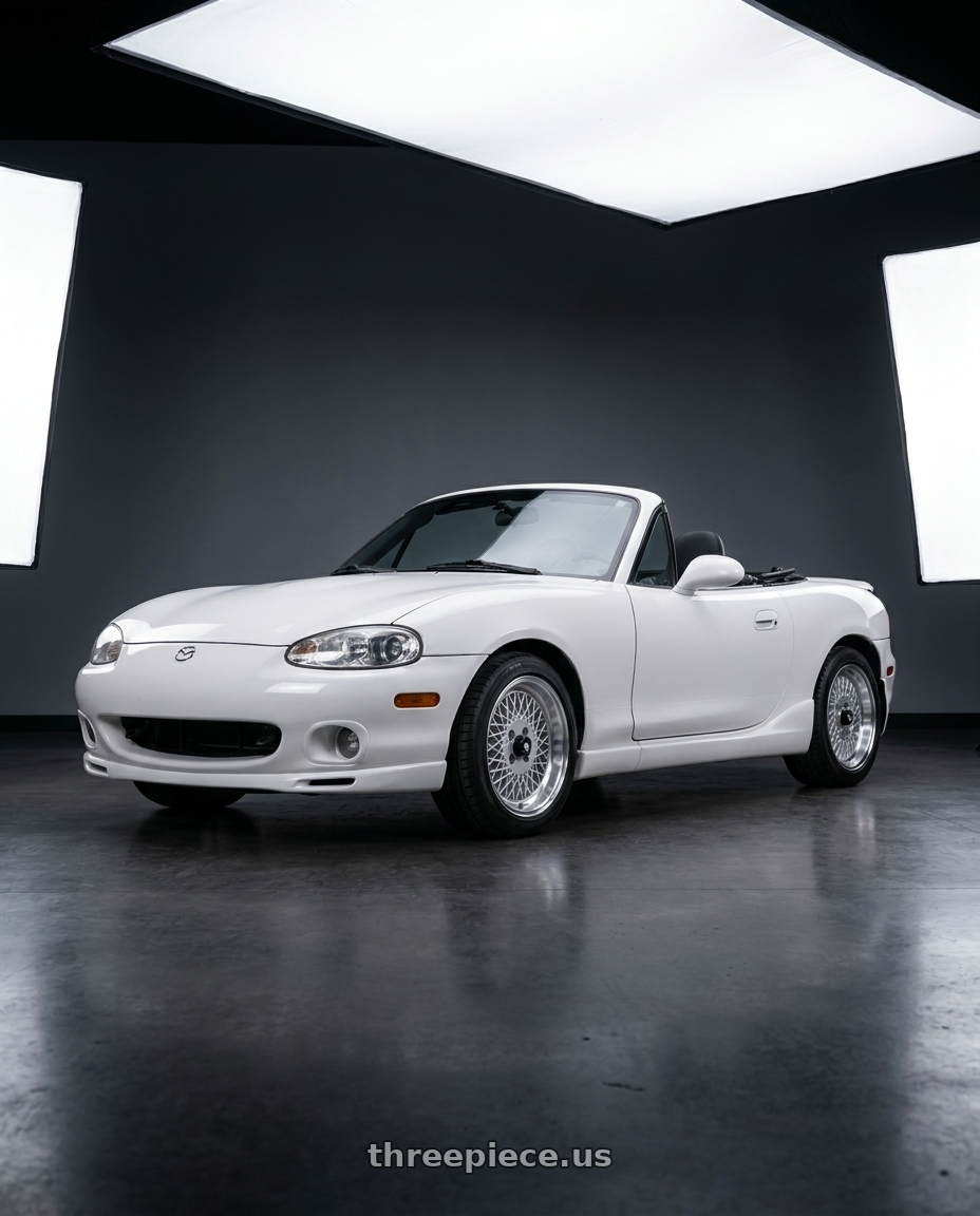 2003 Mazda Miata white with Enkei Enkei92 Classic Line 4x100 15x7+38 Silver wheels